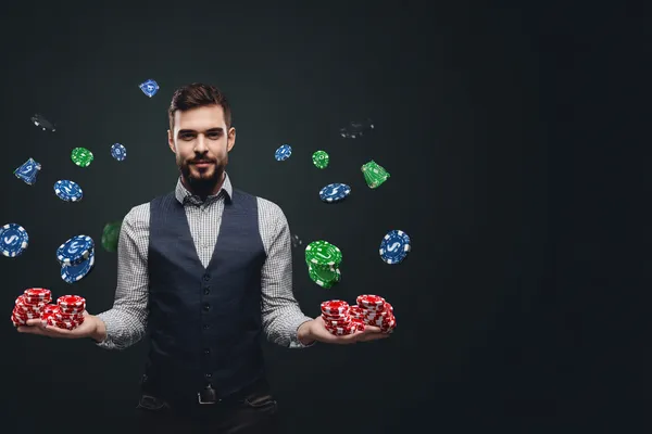 A young woman relaxing with her phone while dynamic casino elements float around her, illustrating the smooth mobile experience offered by the PHILPOWER app.