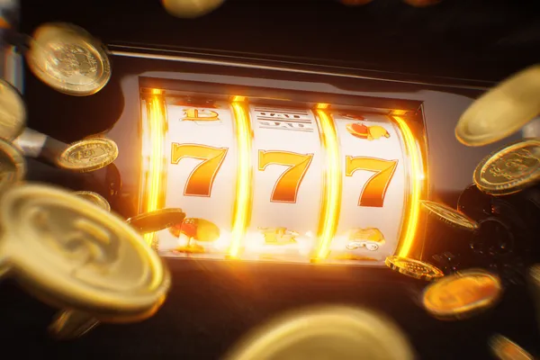 A dramatic shot of winning sevens landing on a slot reel surrounded by shining gold coins, symbolizing big wins.